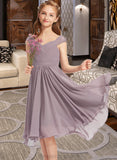 Iris A-Line V-neck Knee-Length Chiffon Lace Junior Bridesmaid Dress With Ruffle STIP0013358