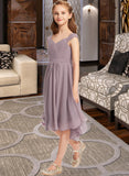 Iris A-Line V-neck Knee-Length Chiffon Lace Junior Bridesmaid Dress With Ruffle STIP0013358