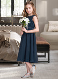 Estrella A-Line Scoop Neck Tea-Length Chiffon Junior Bridesmaid Dress With Ruffle STIP0013362