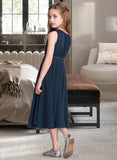 Estrella A-Line Scoop Neck Tea-Length Chiffon Junior Bridesmaid Dress With Ruffle STIP0013362