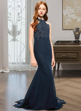 Marely Trumpet/Mermaid Scoop Neck Sweep Train Chiffon Lace Junior Bridesmaid Dress STIP0013364