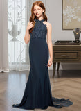 Marely Trumpet/Mermaid Scoop Neck Sweep Train Chiffon Lace Junior Bridesmaid Dress STIP0013364