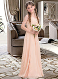 Izabelle A-Line V-neck Floor-Length Chiffon Junior Bridesmaid Dress With Ruffle STIP0013368