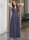 Paityn A-Line V-neck Floor-Length Chiffon Junior Bridesmaid Dress With Ruffle Bow(s) STIP0013369