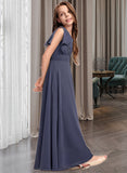 Paityn A-Line V-neck Floor-Length Chiffon Junior Bridesmaid Dress With Ruffle Bow(s) STIP0013369