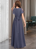 Paityn A-Line V-neck Floor-Length Chiffon Junior Bridesmaid Dress With Ruffle Bow(s) STIP0013369