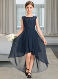 Janessa A-Line Scoop Neck Asymmetrical Chiffon Lace Junior Bridesmaid Dress With Bow(s) Cascading Ruffles STIP0013373