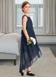 Janessa A-Line Scoop Neck Asymmetrical Chiffon Lace Junior Bridesmaid Dress With Bow(s) Cascading Ruffles STIP0013373