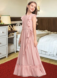 Pru A-Line Scoop Neck Floor-Length Chiffon Junior Bridesmaid Dress With Bow(s) Cascading Ruffles STIP0013375