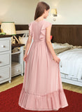 Pru A-Line Scoop Neck Floor-Length Chiffon Junior Bridesmaid Dress With Bow(s) Cascading Ruffles STIP0013375