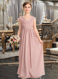 Laura A-Line V-neck Floor-Length Chiffon Junior Bridesmaid Dress With Ruffle Bow(s) STIP0013378