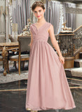 Laura A-Line V-neck Floor-Length Chiffon Junior Bridesmaid Dress With Ruffle Bow(s) STIP0013378