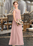 Laura A-Line V-neck Floor-Length Chiffon Junior Bridesmaid Dress With Ruffle Bow(s) STIP0013378