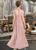 Laura A-Line V-neck Floor-Length Chiffon Junior Bridesmaid Dress With Ruffle Bow(s) STIP0013378