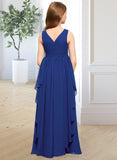 Kamila A-Line V-neck Floor-Length Chiffon Junior Bridesmaid Dress With Cascading Ruffles STIP0013381