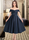 Lilith A-Line Off-the-Shoulder Tea-Length Satin Junior Bridesmaid Dress With Ruffle Pockets STIP0013383