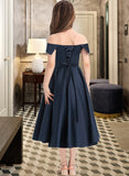 Lilith A-Line Off-the-Shoulder Tea-Length Satin Junior Bridesmaid Dress With Ruffle Pockets STIP0013383