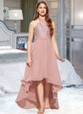 Lisa A-Line Scoop Neck Asymmetrical Chiffon Lace Junior Bridesmaid Dress STIP0013388