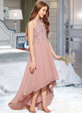 Lisa A-Line Scoop Neck Asymmetrical Chiffon Lace Junior Bridesmaid Dress STIP0013388