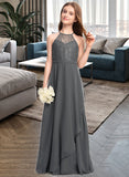 Kaleigh A-Line Scoop Neck Floor-Length Chiffon Lace Junior Bridesmaid Dress With Cascading Ruffles STIP0013389