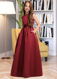 Amiah A-Line Scoop Neck Floor-Length Satin Junior Bridesmaid Dress With Bow(s) Pockets STIP0013391