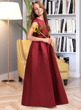 Amiah A-Line Scoop Neck Floor-Length Satin Junior Bridesmaid Dress With Bow(s) Pockets STIP0013391