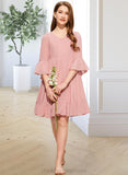 Joslyn A-Line V-neck Knee-Length Chiffon Junior Bridesmaid Dress With Cascading Ruffles STIP0013396