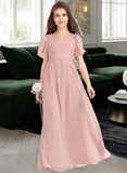 Deanna A-Line V-neck Floor-Length Chiffon Junior Bridesmaid Dress With Bow(s) STIP0013399