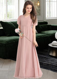 Deanna A-Line V-neck Floor-Length Chiffon Junior Bridesmaid Dress With Bow(s) STIP0013399