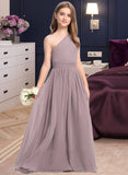 Desirae A-Line One-Shoulder Floor-Length Chiffon Junior Bridesmaid Dress With Ruffle STIP0013400