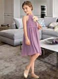 Hedda A-Line Scoop Neck Knee-Length Chiffon Lace Junior Bridesmaid Dress STIP0013401