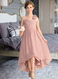 Thea A-Line One-Shoulder Asymmetrical Chiffon Junior Bridesmaid Dress With Ruffle Flower(s) Bow(s) STIP0013410