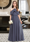 Susie A-Line Off-the-Shoulder Floor-Length Chiffon Junior Bridesmaid Dress With Cascading Ruffles STIP0013415