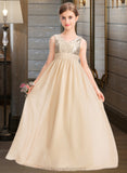 Tamara A-Line V-neck Floor-Length Chiffon Sequined Junior Bridesmaid Dress With Ruffle STIP0013430