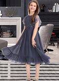 Ursula A-Line Scoop Neck Knee-Length Chiffon Lace Junior Bridesmaid Dress With Cascading Ruffles STIP0013462