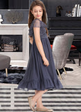 Ursula A-Line Scoop Neck Knee-Length Chiffon Lace Junior Bridesmaid Dress With Cascading Ruffles STIP0013462