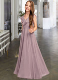 Tina A-Line V-neck Floor-Length Chiffon Junior Bridesmaid Dress With Cascading Ruffles STIP0013464