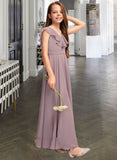 Tina A-Line V-neck Floor-Length Chiffon Junior Bridesmaid Dress With Cascading Ruffles STIP0013464