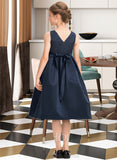 Taliyah A-Line Scoop Neck Knee-Length Satin Lace Junior Bridesmaid Dress With Beading Bow(s) STIP0013559