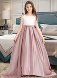 Valeria Ball-Gown/Princess Scoop Neck Sweep Train Satin Junior Bridesmaid Dress With Bow(s) Pockets STIP0013626