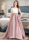 Valeria Ball-Gown/Princess Scoop Neck Sweep Train Satin Junior Bridesmaid Dress With Bow(s) Pockets STIP0013626