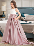 Valeria Ball-Gown/Princess Scoop Neck Sweep Train Satin Junior Bridesmaid Dress With Bow(s) Pockets STIP0013626