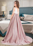 Valeria Ball-Gown/Princess Scoop Neck Sweep Train Satin Junior Bridesmaid Dress With Bow(s) Pockets STIP0013626