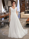 Zaniyah A-Line V-neck Floor-Length Chiffon Lace Wedding Dress With Ruffle STIP0013729