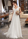 Zaniyah A-Line V-neck Floor-Length Chiffon Lace Wedding Dress With Ruffle STIP0013729