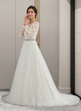 Winnie Ball-Gown/Princess Scoop Neck Sweep Train Tulle Wedding Dress STIP0013759