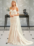 Ashlyn Trumpet/Mermaid Off-the-Shoulder Court Train Tulle Lace Wedding Dress STIP0013789