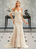 Ashlyn Trumpet/Mermaid Off-the-Shoulder Court Train Tulle Lace Wedding Dress STIP0013789