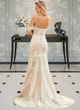 Ashlyn Trumpet/Mermaid Off-the-Shoulder Court Train Tulle Lace Wedding Dress STIP0013789