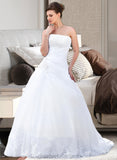 Tiffany Ball-Gown/Princess Strapless Chapel Train Satin Organza Wedding Dress With Lace Beading STIP0013796